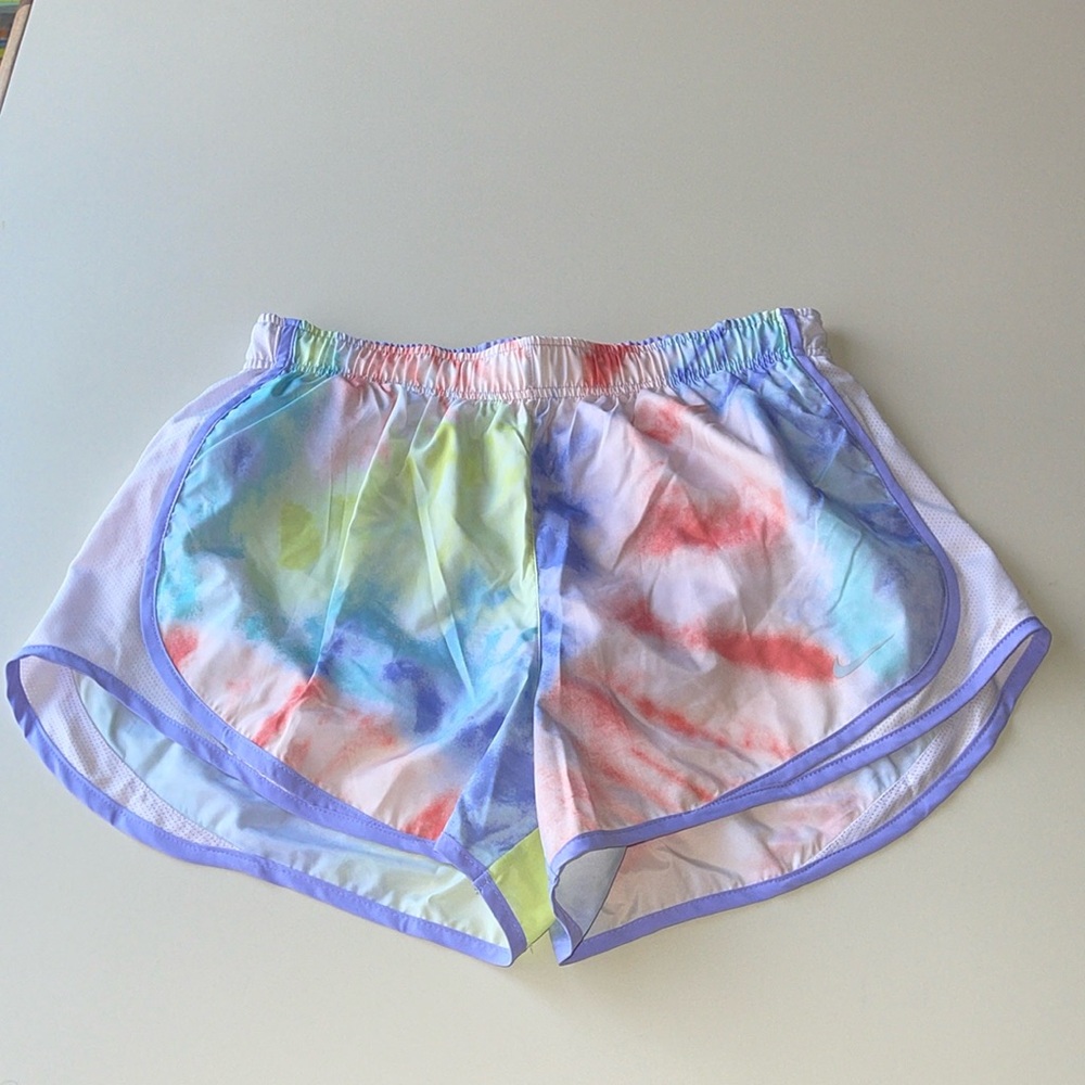 Nike Dri-Fit Tempo Running Shorts in Tie Dye with Purple Trim